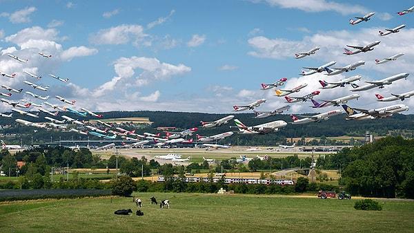 5. Zürih Havalimanı 28 ve 16 numaralı pistler. Zürih Havaalanı ses kirliliğini önlemek için hava trafiğinin yoğunluğuna göre uçakları farklı pistlerden indirip kaldırıyor.