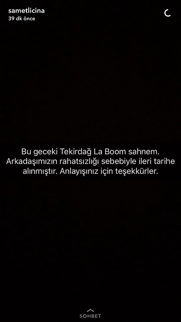 Sonrasında aynı yakın arkadaş grubundan bir başka ünlü isim Samet Liçina da benzer sebepten programını iptal etti.