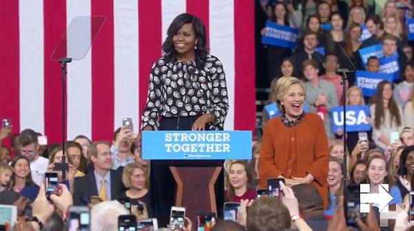 Clinton'ın avukatlık, senatörlük ve dışişleri bakanlığı yaptığını hatırlatan Michelle Obama "Evet, bunları bir kadın yapıyor" ifadelerini kullanınca salondan büyük alkış aldı.