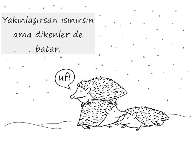 ''Soğuk bir kış sabahı çok sayıda kirpi, donmamak için birbirine bir hayli yaklaştı.''