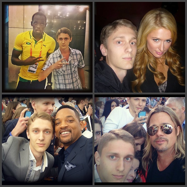 И селфи С Усейном Болтом, Пэрис Хилтон, Уиллом Смитом и Брэдом Питтом! Для этого парня просто нет закрытых дверей!