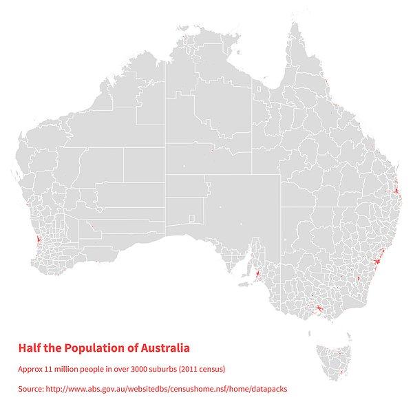 3. Avustralya kıtasının yarısı da şu minicik kırmızı noktalarda yaşıyor, geri kalan gri kısım nüfusun diğer yarısı.