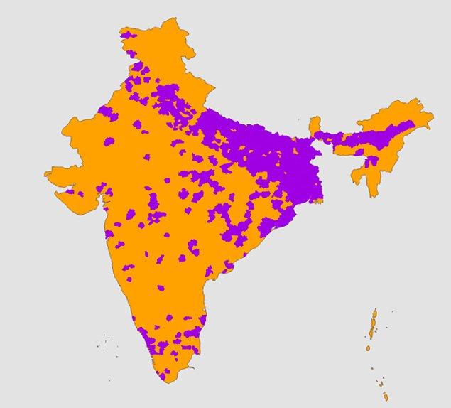 9. Hindistan'da dağılım diğer ülkelere göre biraz daha fazla gibi. Nüfusun yarısı mor bölgelerde.