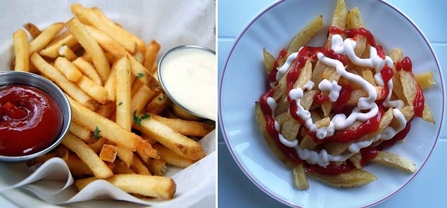 7. Patates kızartmasını ketçap, mayoneze bananlar ve ketçap, mayonezi kızartmanın üstüne dökenler.