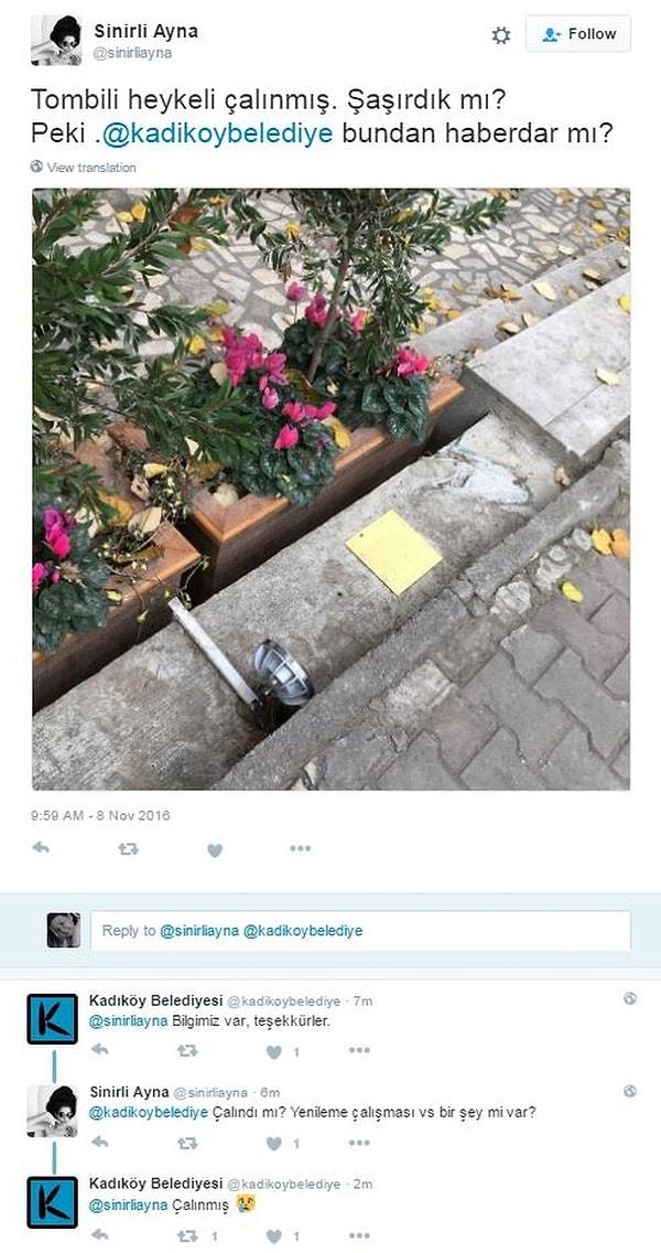 Kadıköy Belediyesi de bu tweet'lere verdiği cevapta heykelin çalındığını ifade etti