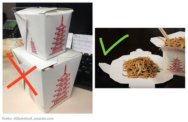 14. Çin yemeğinizi yemek için karton kutuyu açarak tabak şeklinde kullanabilirsiniz.