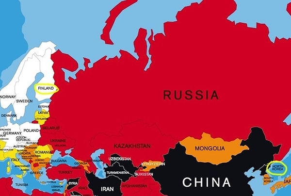 8. North Korea and Finland are separated by one country: