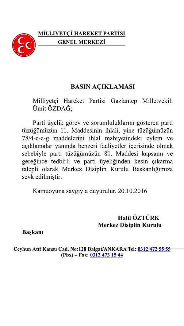 Disipline sevk kararı, MHP Merkez Disiplin Kurulu Başkanı Halil Öztürk'ün yaptığı açıklamayla duyurulmuştu.