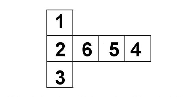 1. This is the development of a cube. For the sum of the numbers on opposite faces to be equal, which numbers should change their places?