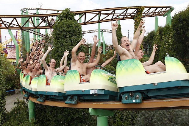 7. The Guinness World Record for for most naked riders on a theme park ride.