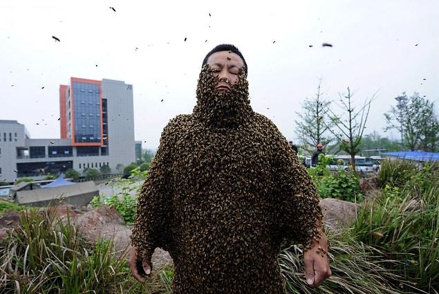 9. The Guinness World Record for covering one's body with maximum amount of bees.