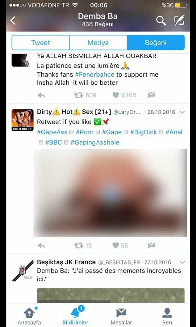 Demba Ba'ya ait Twitter hesabının beğendiği gönderilere bakıldığında gerçekten de pornografik bir görüntü yer alıyordu.