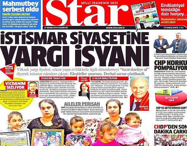 Hükümete yakın medyanın duruşuna dair bir örnek ise bugünkü Star Gazetesi.