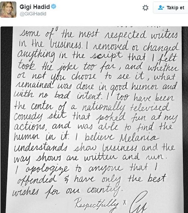 15. Amerikan Müzik Ödülleri gecesinde yaptığı Melania Trump taklidi hem beğenilen, hem de çok eleştirilen Gigi Hadid, bir özür mektubu yayınladı.
