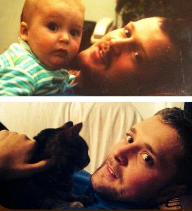 11. "Dad and I in 1991; me and my cat in 2013″