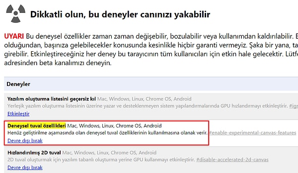 5. Deneysel tuval özelliklerini aktifleştirin.