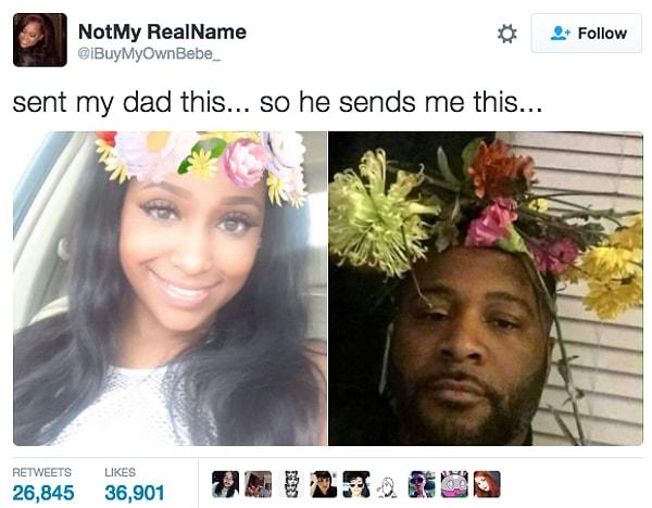 5. Snapchat filtresi kullanarak fotoğraf yolladığı babasından efsane bir yanıt alan kadın: