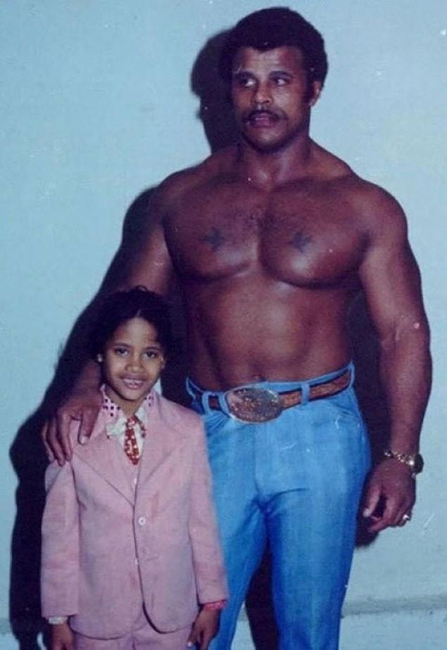 19. Action movie star Dwayne Johnson's childhood and his father Rocky Johnson, 1981.