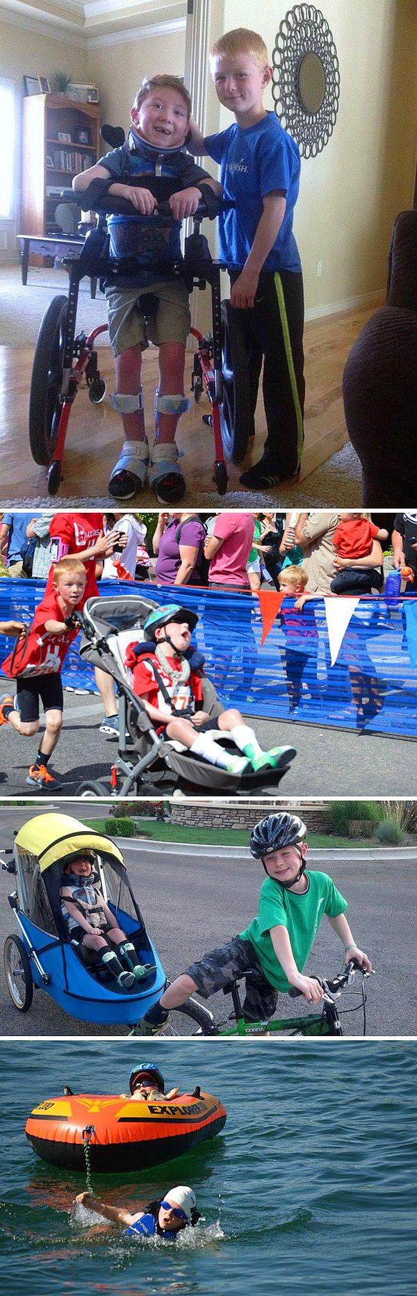4. Engelli kardeşi Lucas ile Mini-Triatlon'u tamamlayan 8 yaşındaki Noah.