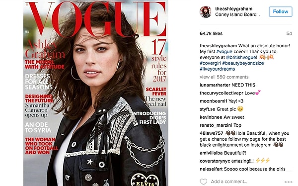 1. В качестве cover-girl модного глянца Vogue Эшли Грэм попробовала себя впервые