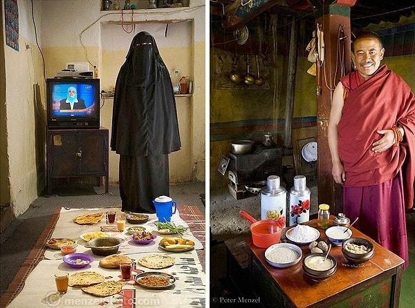 5. Saada Haidar (solda), Yemen'de yaşayan bir ev hanımı. Günde 2,700 kalori ile yaşıyor. Tibet'te bir manastırın baş papazı (sağdaki) ise bir gününü 4,900 kalori ile geçiriyor.