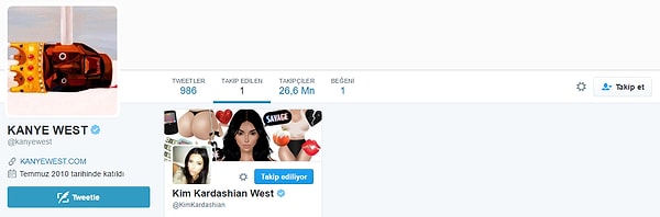 Kim ve Kanye'nin aşkını özetlemek gerekirse bu bilgi yeterli olur: Twitter'da milyonlarca takipçisi olan Kanye'nin takip ettiği tek hesap Kim'e ait.