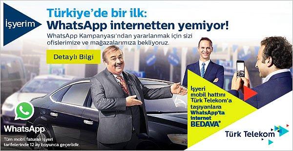 Türk Telekom sayesinde sevdiklerinizle Whatsapp'da Wi-Fi a bağlı olmadan gönlünüzce mesajlama keyfi başlasın! Hem de tarifenize hiç bir ücret yansımadan.
