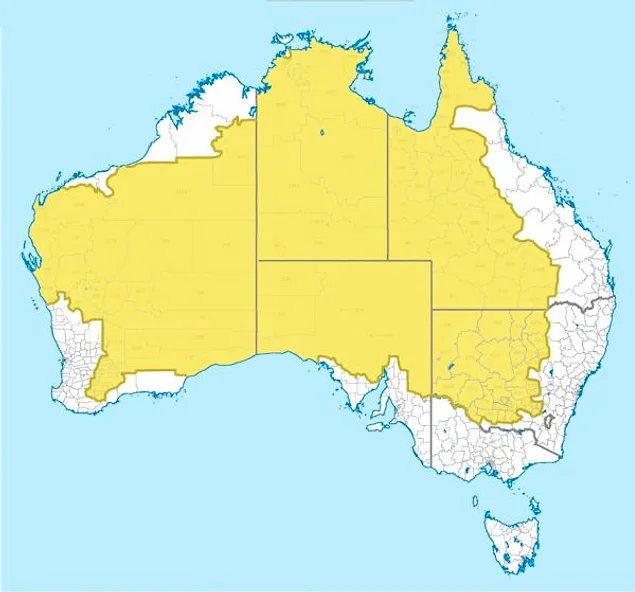 Avustralya nüfusunun %2'si, kıtanın sarıyla gösterilmiş bölgesinde yaşar.
