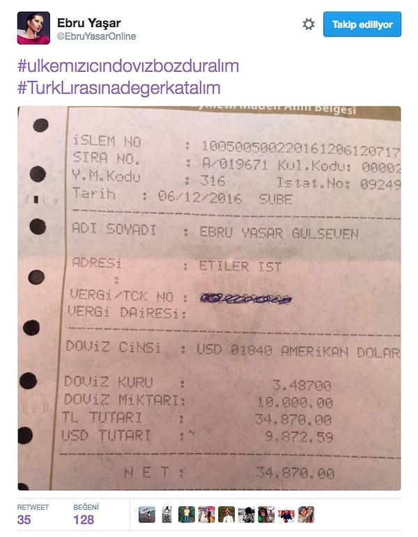 8. Ebru Yaşar, Dolar'ın yükselmesine bir nebze de olsa engel olmak için bozdurduğu 10 bin Dolar'ın dekontunu Twitter hesabından paylaştı.