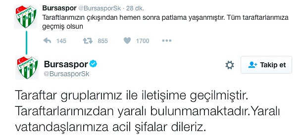 Bursaspor, "Taraftarlarımızdan yaralı bulunmamaktadır" açıklamasını yaptı