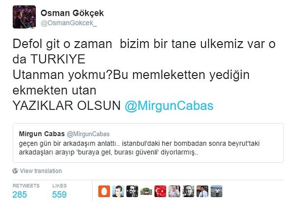 Daha sonra Osman Gökçek, Mirgün Cabas'ın bu tweeti ile ilgili tepkisini dile getirdi.
