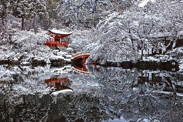 7. Japonya, Kyoto'da karlar altına gizlenmiş bir mabet