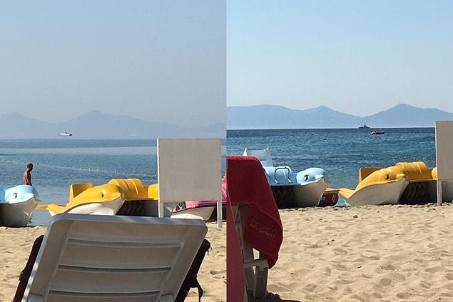 In the photo on the left side, you can see the ship that looks like it is floating in the air. On the right side, however, it is the 'normal' image that was captured a couple of hours later.