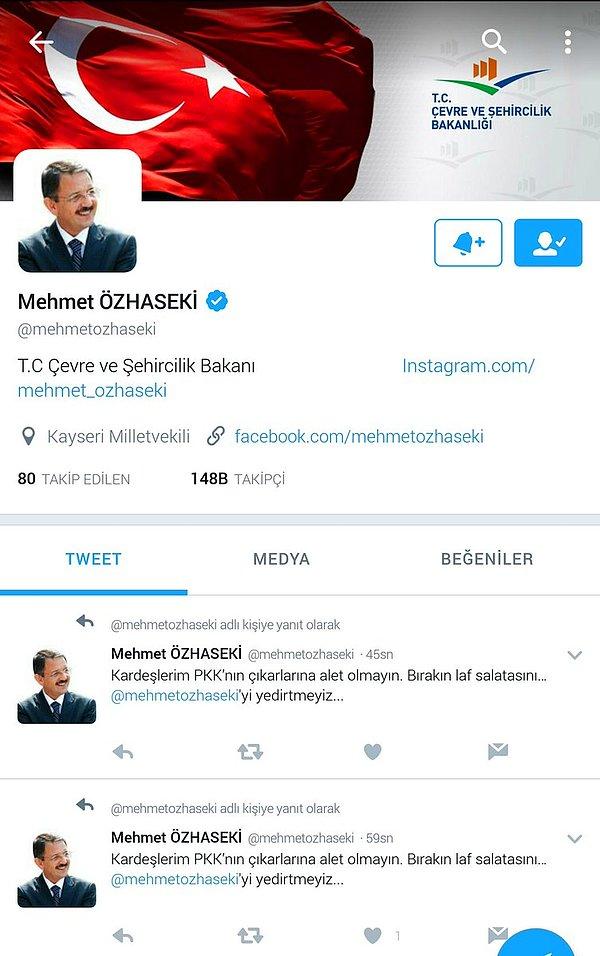 Bakan Özhaseki, bugün yaptığı bir yanlışıkla yeniden gündeme geldi. Troll hesap denilen sahte hesaptan atacağı tweet'i, yanlışlıkla resmi hesabından gönderdi.