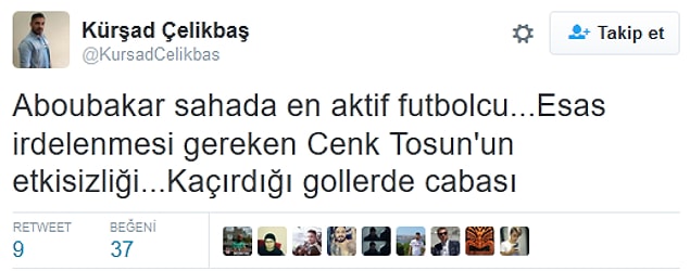 10. Cenk Tosun'un kaçırdığı gollerden sonra;