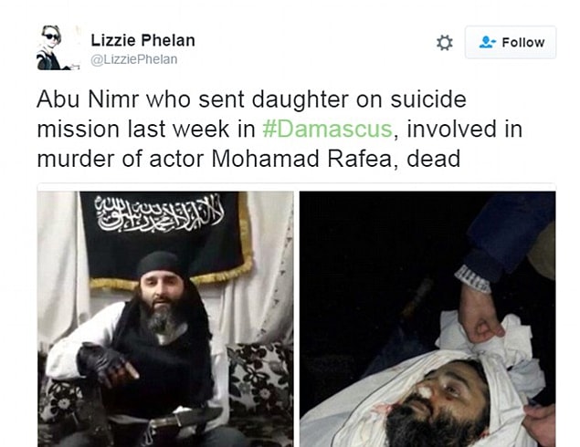 Bu videonun üzerinden bir hafta bile geçmeden kızını ölüme gönderen Ebu Nimr kod adlı Abdul Rahman Shaddad isimli baba da Teşrin, Şam'da vurularak öldürüldü.