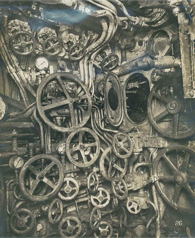 4. The control room of the German submarine which sunk in 1918.