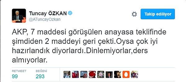 CHP'li Tuncay Özkan, çekilen maddelerle ilgili yorumunu Twitter üzerinden yaptı