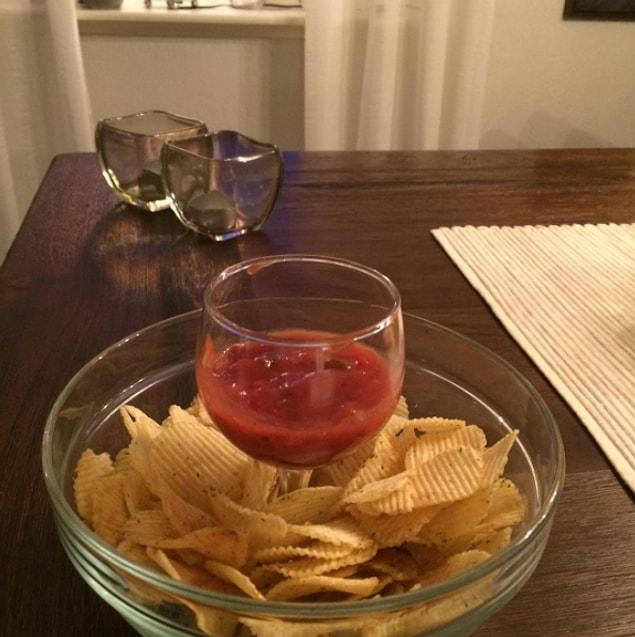 1. Use a wine glass if you don’t have a fancy cup for chips and salsa.