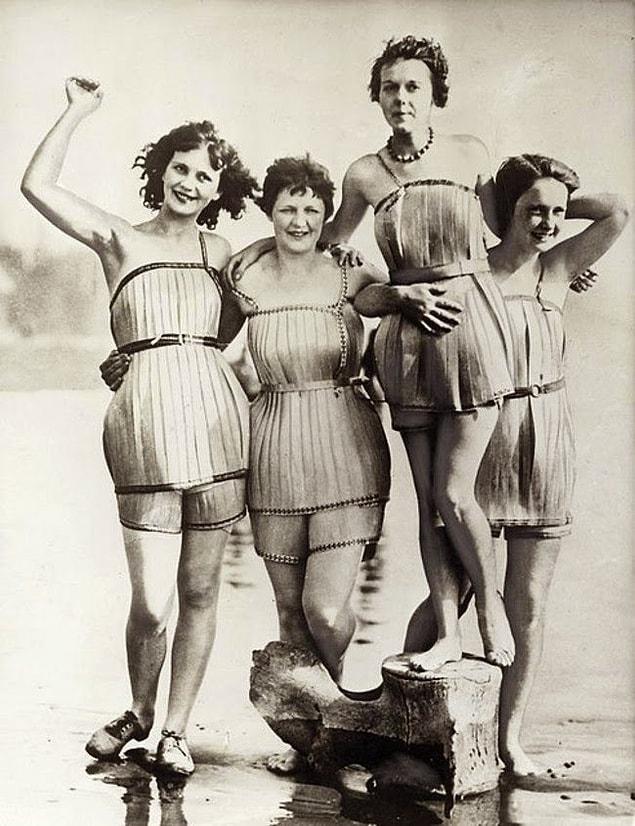 10. Women who are wearing swimsuits that are made of wood, 1920.