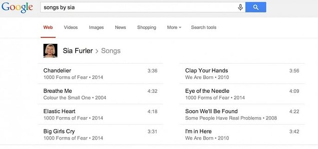 14. Müzik ile de arası iyi Google'ın. İstediğiniz herhangi bir sanatçının şarkılarını, arama motoruna şarkıcının adını yazarak detayları ile birlikte bulabilirsiniz.