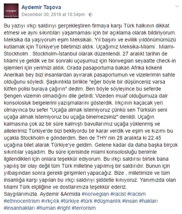 Aydemir Taşova, yaşadıklarını Facebook hesabı üzerinden detaylı bir şekilde paylaştı.