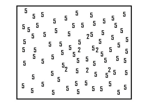 1. Can you see the 2s among the 5s? Which shape do they form?