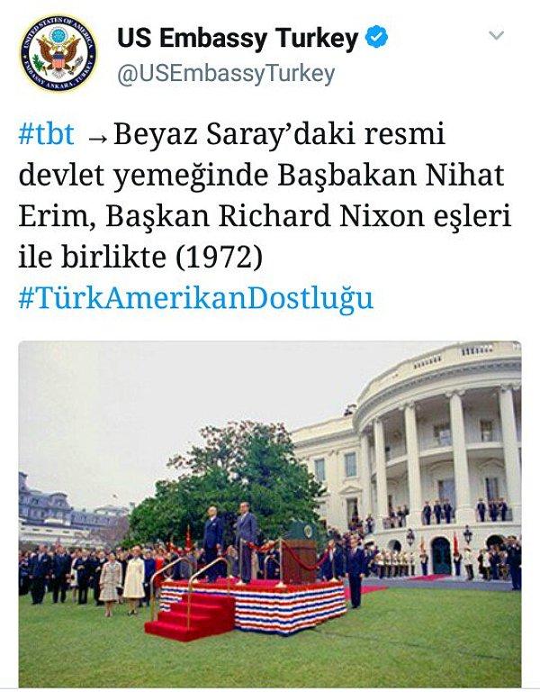 Dün ise 19 Temmuz 1980’de suikasta uğrayarak hayatını kaybeden Türkiye’nin eski başbakanlarından Nihat Erim’in fotoğrafını #TürkAmerikanDostluğu etiketini kullanarak paylaştı.