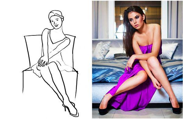 1. This elegant pose is best for sitting on the edge of the sofa, bed or bench.