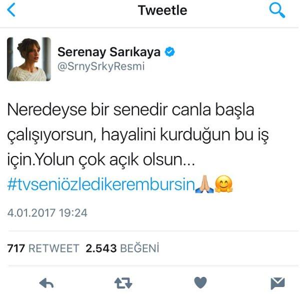 11. Serenay Sarıkaya, sevgilisi Kerem Bürsin'e yeni başlayan dizisi için Twitter'dan destek verdi.