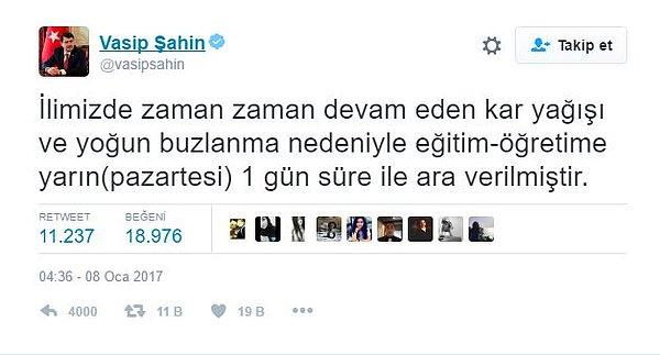 İstanbul Valisi Vasip Şahin okulların yarın tatil edildiğini Twiter hesabından duyurdu