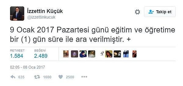 Bursa Valisi İzzettin Küçük okulların tatil edildiğini Twitter hesabından açıkladı