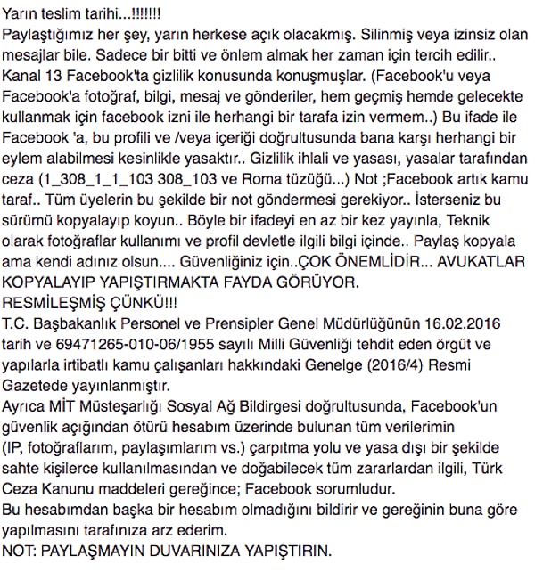 Facebook'da paylaşılan ve son 'resmileşen' uyarımız bu: