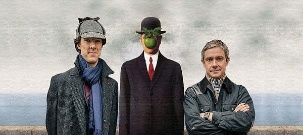 4. The Son of Man (René Magritte) + Sherlock Holmes & Dr.Watson (Sherlock)